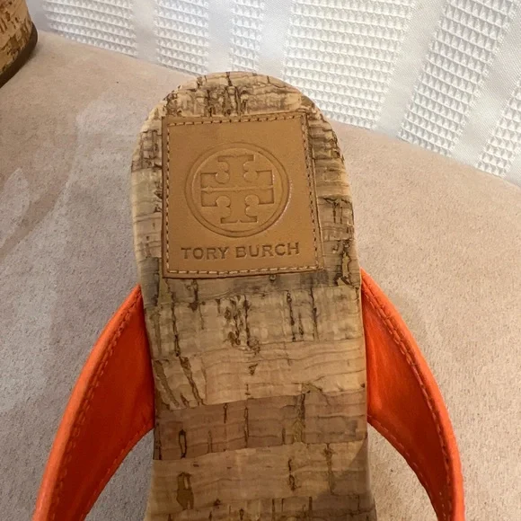 Tory Burch orange leather cork wedge sandals from size 7 great - Picture 4 of 8
